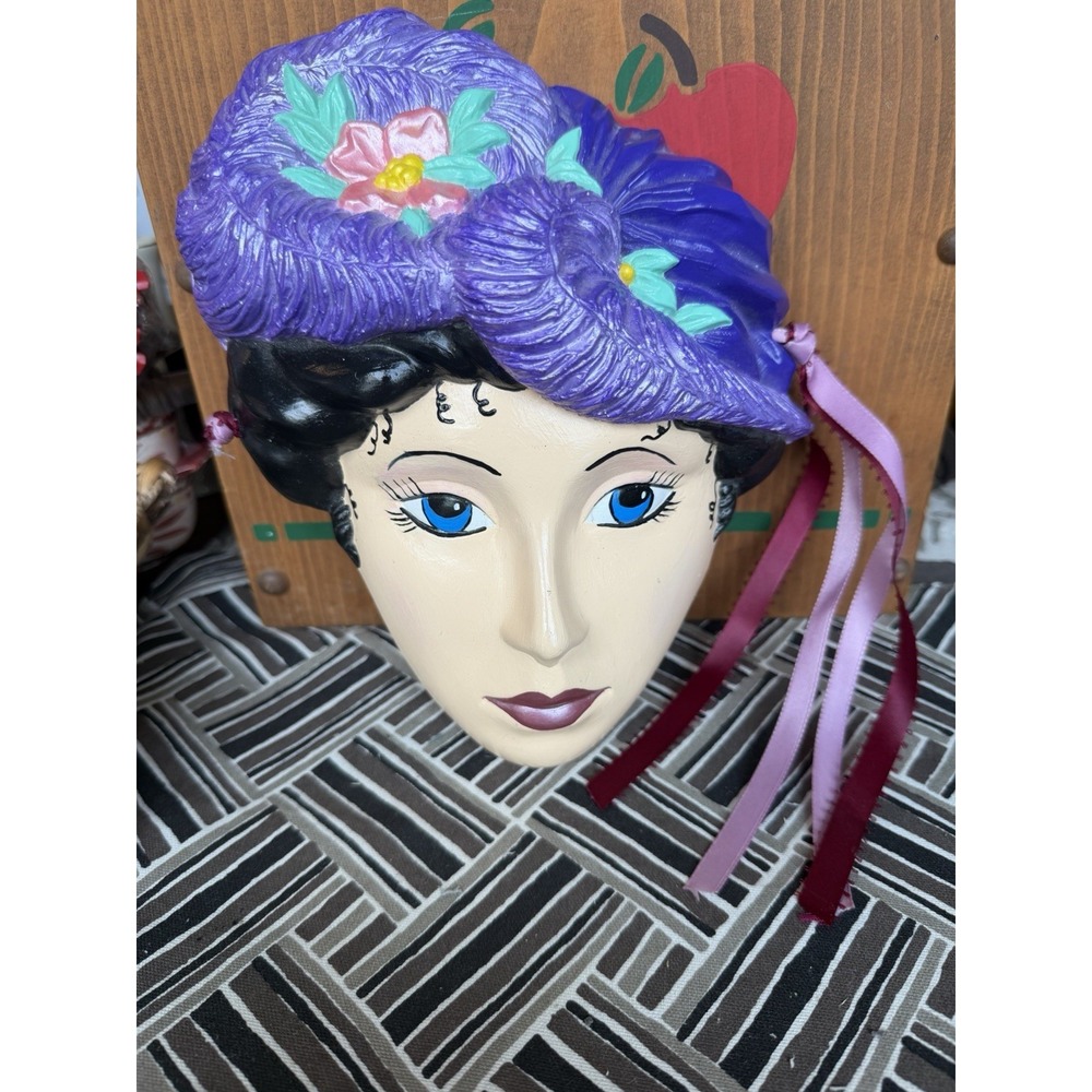 Vintage Ceramic Lady Wall Mask Purple Floral Hat Ribbon Art Deco Style Decor